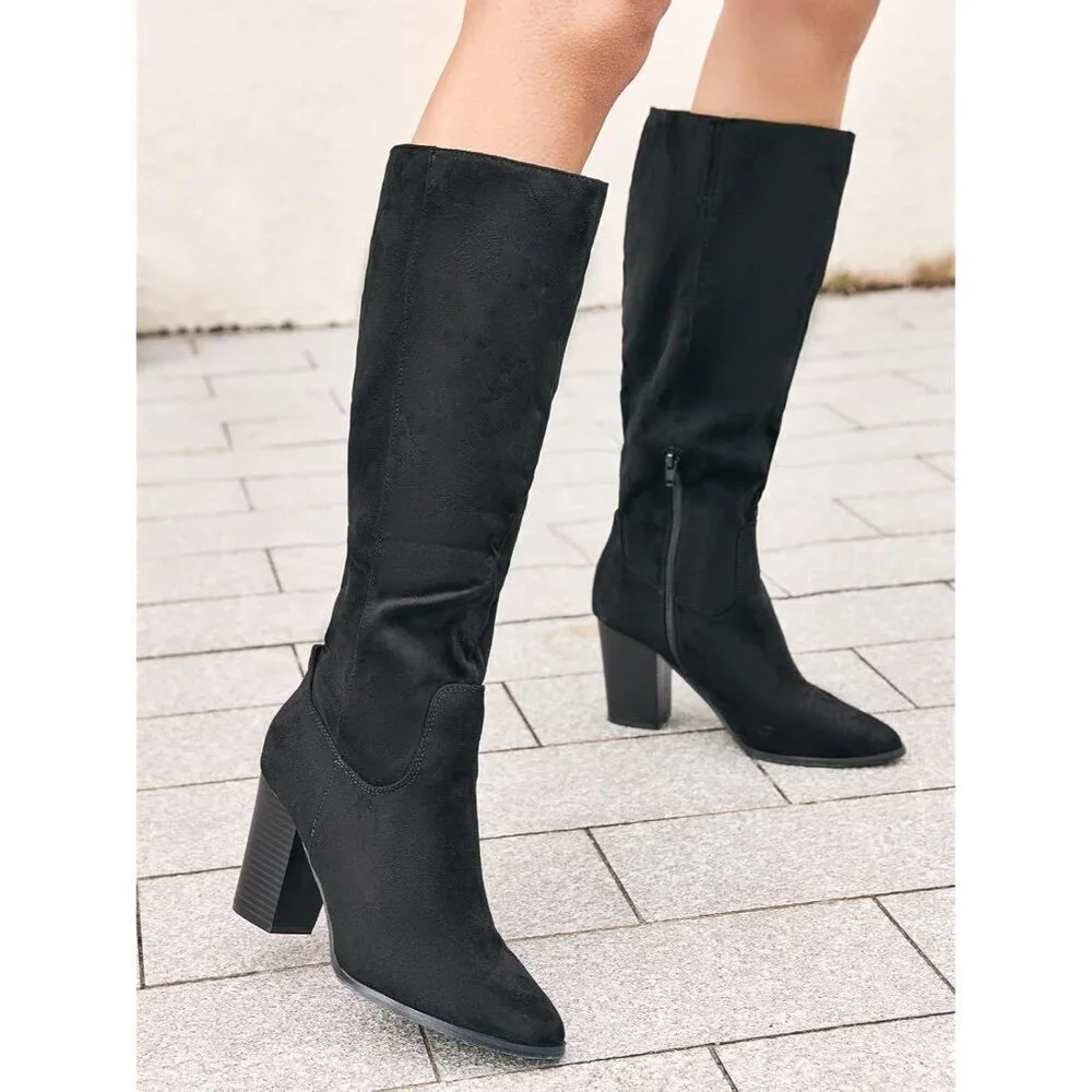 Women Faux Sueder Black Knee High Chunky Heel Side Zipper Stretch Winter Boot